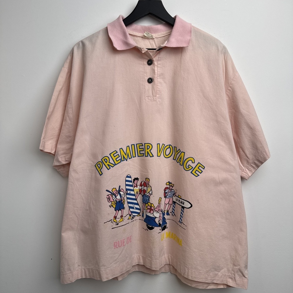 VTG 80s California Cargo Polo Shirt M Pink Premier Voyage USA Made Cartoon Beach
